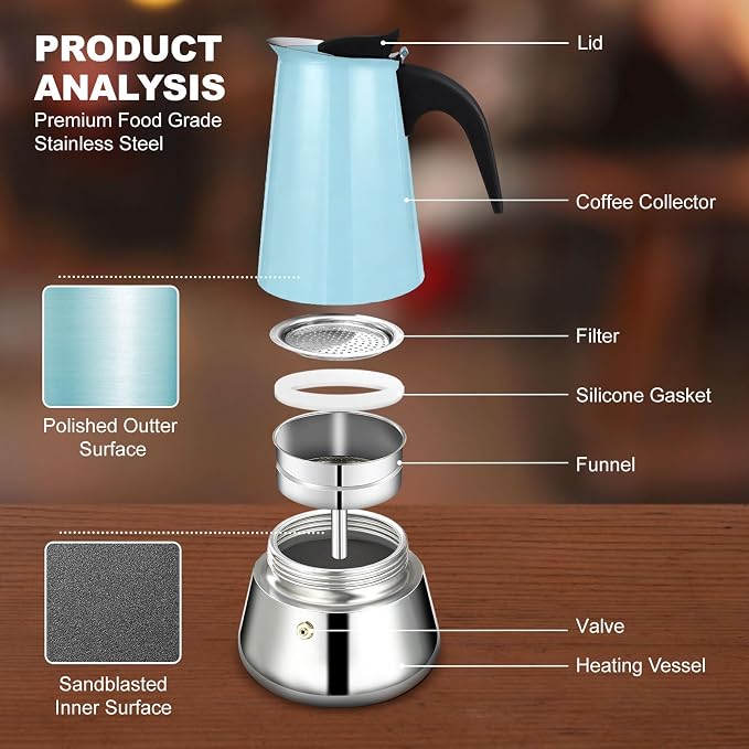 4 Cup Stovetop Espresso Maker Stainless Steel Moka Pot Stove Top Percolator Italian Coffee Makers Capable Mocha Greca Machine Cafe Classic Induction Cookers for Home and Camping 200ml 6.6oz - Image 4
