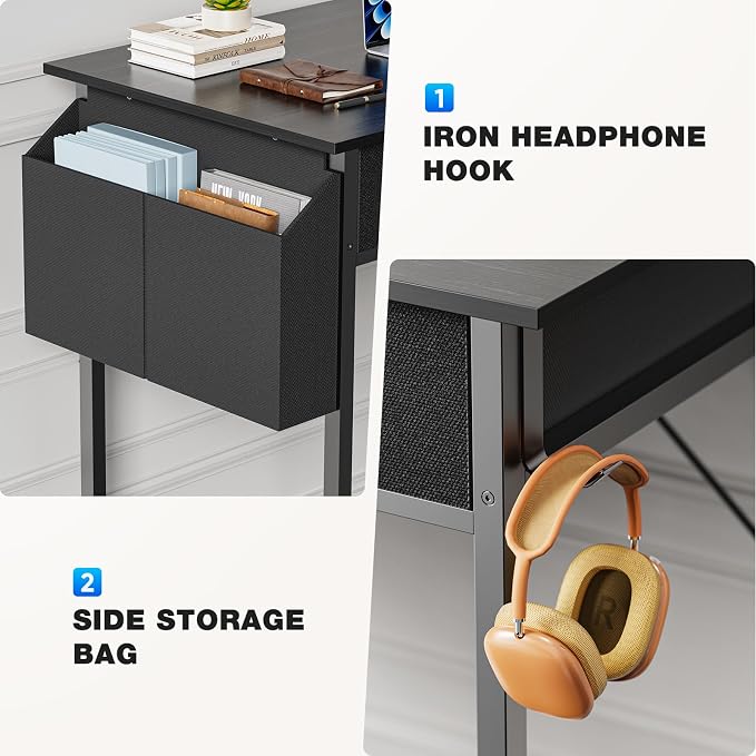 OLIXIS 32 Inch Small Desk, Computer Desk, Home Office | Fabric Drawers, Side Bag, Headphone Hook, Writing Study Work Table, Bedroom, Sleek Black - Image 5