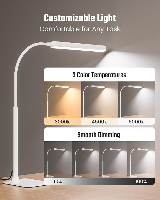 SUPERDANNY Eye-Caring LED Desk Lamp with Base 360° Flexible Gooseneck Work Lamp Touch Control 3 Light Colors Smooth Dimming Task Lighting Reading Light for Home Office College Dorm, White - Image 4