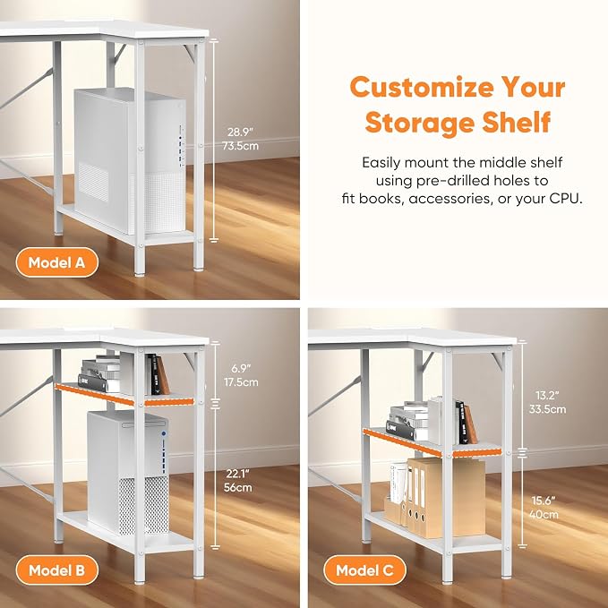 DUMOS L Shaped Desk with Power Outlet, Study Table | 47 Inch Corner Computer Gaming Unit, Adjustable Shelves, Home Office Bedroom, Modern White - Image 6