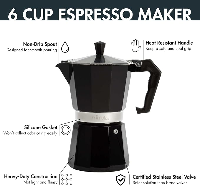 Primula Classic Moka Pot Stovetop Espresso and Coffee Maker, Italian and Cuban Cafetera for Rich Espresso Brewing, Durable Aluminum Greca Coffee Maker with Easy Grip Handle, 6-Cup, Black - Image 6