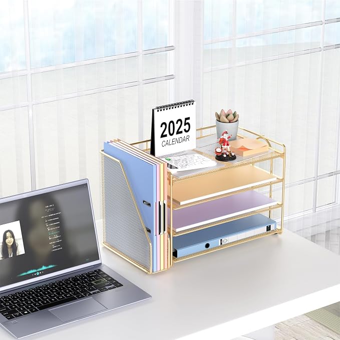 gianotter 4-Tier Paper Organizer With Magazine Holder | Desk Organizers and Accessories, File Organizer for Office Supplies Storag (Gold, 4-Tier) - Image 6