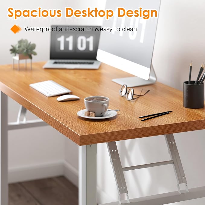 Need Office Computer Desk 54.3 Inch Sturdy Folding Laptop Table Teak | White Frame Writing Gaming Work Table/Foldable Home Office Desk/Sewing Table, No Assembly Required - Image 6