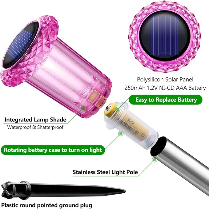DenicMic Solar Outdoor Lights 10 Pack Pink LED Valentines/Mothers Day Decor | Garden Decor for Outside Yard Patio Flowerbed Pathway Starburst Pattern, Acrylic Diamond-like Lampshade Stainless Steel Pole - Image 2