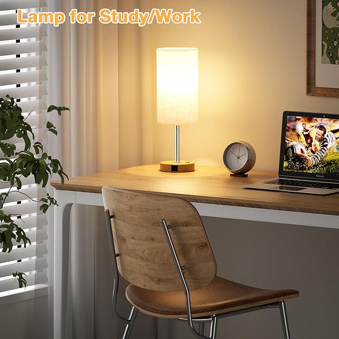 Dicoool 17.4" Bedside Lamp for Bedroom - Dimmable Touch, USB A+C, AC Outlet | LED Bulb Included, 3-Way Dimmable, 17.4" Table Lamp for Guest Room, Living Room, Fabric Lampshade, Wood-Grain Metal Base - Image 6
