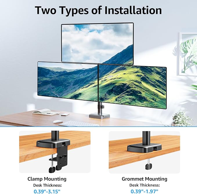 MOUNTUP Triple Monitor Mount Fits Max 32 Inch Screen, Holds 4.4-17.6lbs, 3 Monitors Desk Mount, Triple Monitor Stand for Desk, Adjutable Arm with Clamp/Grommet Base, for Home Office, 75x75/100x100 - Image 4