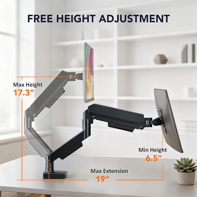 Single Monitor Mount, Gas Spring Arm for 17-32 inch Screens Adjustable Monitor Stand, Vesa Mount Stand with Clamp and Grommet Aluminum Base - Fits 4.4 to 22lbs LCD Computer Monitors HD09B-001 - Image 6