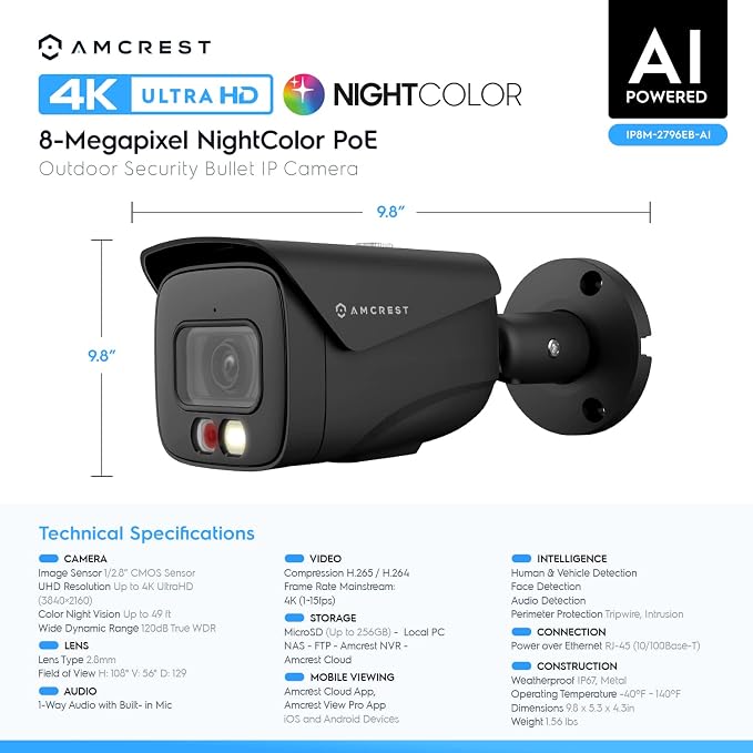 Amcrest UltraHD 4K (8MP) IP PoE AI Camera, FOV 129°, 49ft Color Nightvision, Security Outdoor Bullet Camera, Human & Vehicle Detection, Active Deterrent, 4K @15fps, IP8M-2796EB-AI (Black) - Image 8