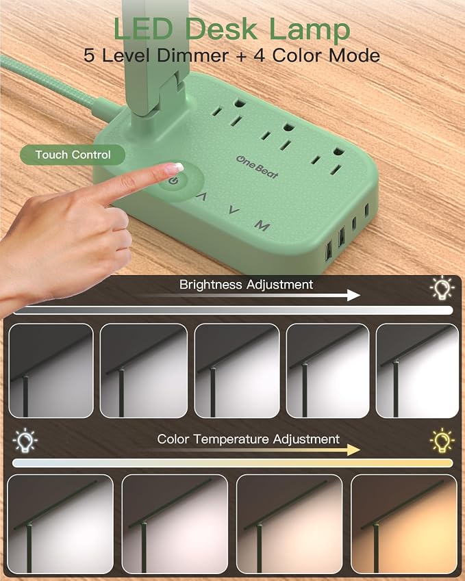 LED Desk Lamp Power Strip with 4 USB 3 Outlets, Dorm Room Essentials, Green | One Beat 4 Modes 5 Level Brightness Touch Lamp, Small Desk Lamp for Home Office College Dorm Essentials, Study Reading Light - Image 3