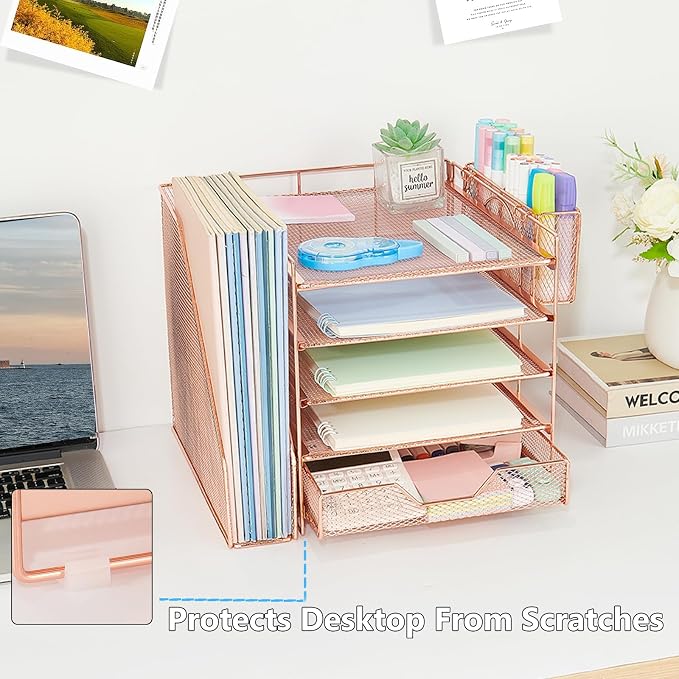 Desk Organizers and Accessories, 5-Tier Paper Letter Tray Organizer with File Holder, Drawer & Pen Holder, Office Desk Accessories, Desktop Organizer for Classroom Office Supplies, Rose Gold - Image 6