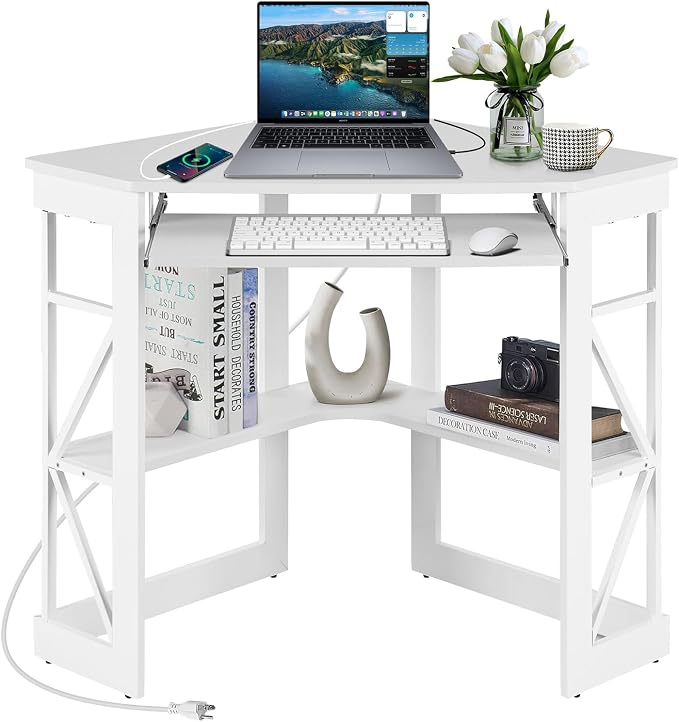 VECELO Corner Desk, Triangle Computer Desk for Small Space with Charging Station and Keyboard Tray, Corner Makeup Table with Storage Shelves for Home Office Bedroom, 41x30, White by VECELO