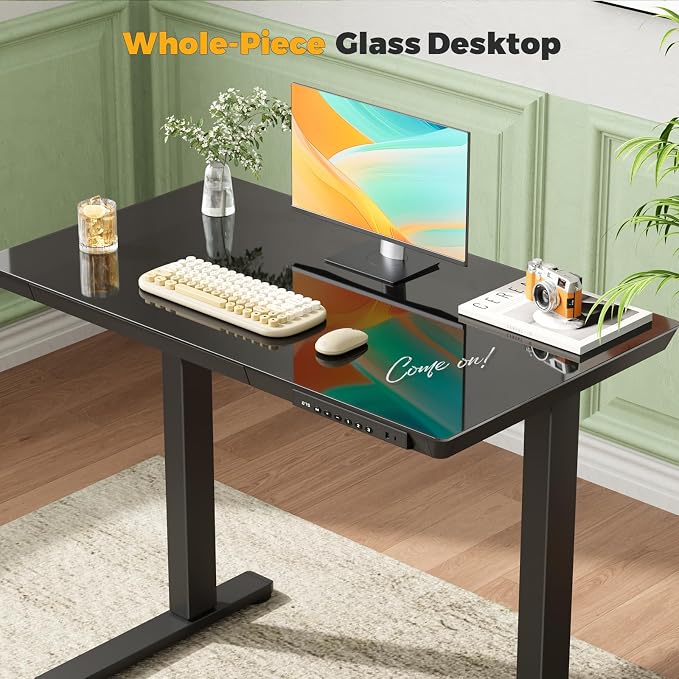 35" Electric Standing Desk with Drawer, One-Piece Glass Top | Quick Install One-Piece Tabletop with USB Charging Ports, Sit Stand Computer Desk with Wheels for Small Space, Black - Image 6