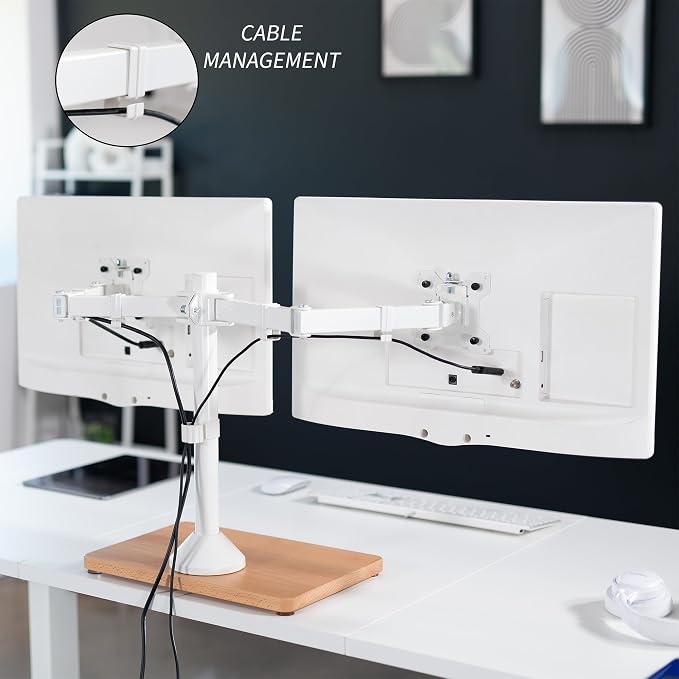 VIVO Dual Monitor Desk Stand for 13 to 32 inch Screens, STAND-V002FD-W | Articulating, Freestanding Adjustable Monitor Arm, White with Wood Base, Computer Stand for 2 Monitors, Holds 22 lbs Each - Image 7
