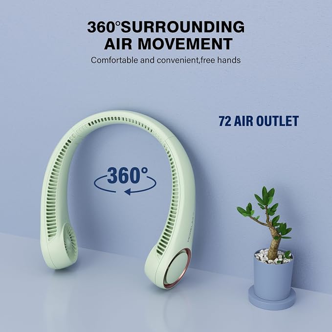 Morelax Neck Fan, USB Rechargeable Personal Fan,Hand Free Bladeless Portable Fans,4000 mAh, 3 Speeds,72 Air Faster softer 360° Cooling, Ultra Quiet,Gift Suitable for Home, Office, Travel, Sports Green - Image 2