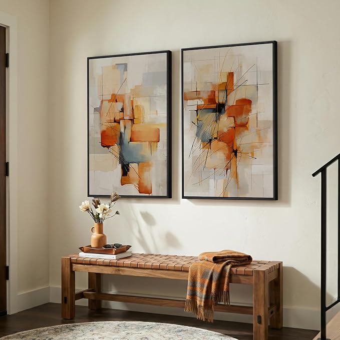 Large Framed Abstract Canvas Wall Art, 2 Piece Modern Prints Paintings Artwork for Walls, Minimalist Blue Orange Block Pictures for Living Room Dining Room Bedroom Hallway Wall Decor 24x36 In - Image 4