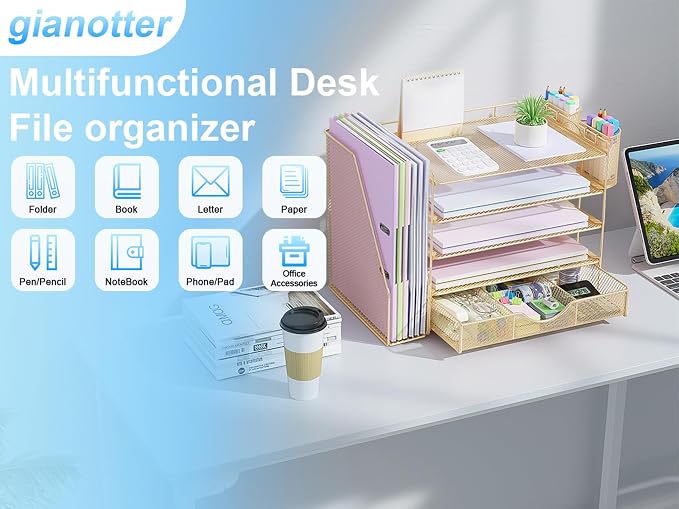 gianotter 5-Tier Desk Organizer with Drawers and File Holders | Letter Trays and Pen Holders - Workspace Accessories for Office Supplies (Gold) - Image 7