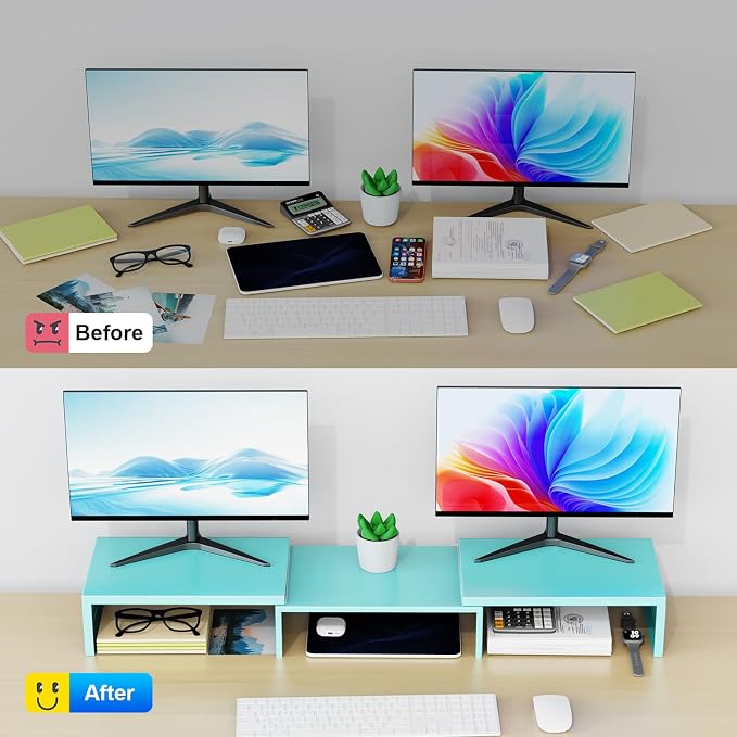 Dual Monitor Stand for Desk, Metal Computer Stand, Desk Shelf Riser,Desktop Organizer for Home and Office Use (Blue) - Image 2