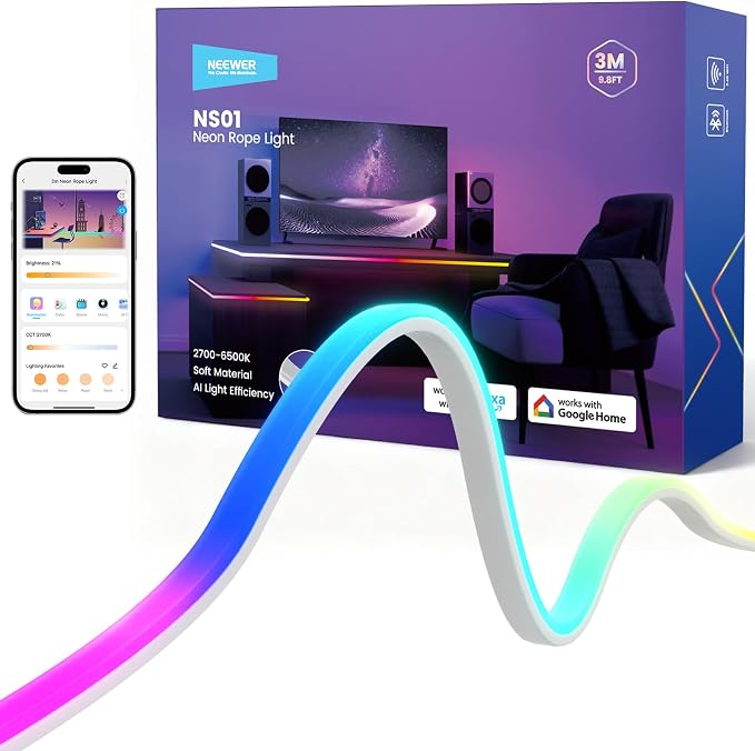 NEEWER 9.84ft/3m LED Strip Lights Front Lit, Smart AI RGB IC Cuttable Neon Rope Light, App Control Color Changing, Bedroom Gaming Room Home Indoor Wall Decor, Compatible with Google and Alexa, NS01 by Neewer