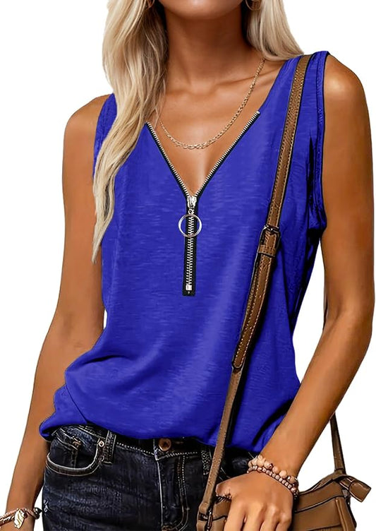 Halife Womens Half Zip V Neck Tank Tops Summer Sleeveless Shirts Casual Loose Top Blouses T Shirts by Halife
