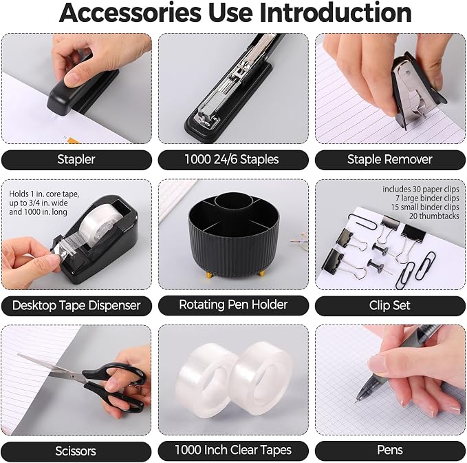 SKYDUE Black Office Supplies, Black Office Desk Accessories 10PCS, Pencil Holder for Desk, Stapler, Tape Dispenser, Scissors, Ruler, Clips and 1000pcs Staples, Desk Supplies Set - Image 4