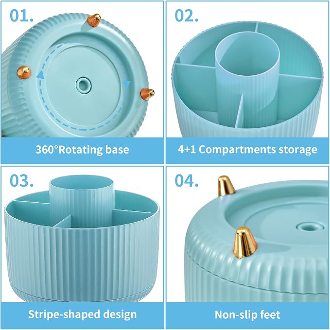 Marbrasse Desk Organizer, 360-Degree Rotating Pen Holder, Desk Organizers and Accessories with 5 Compartments Pencil Holder, Art Supply Storage Box Caddy for Office, Home（Light Blue） - Image 4