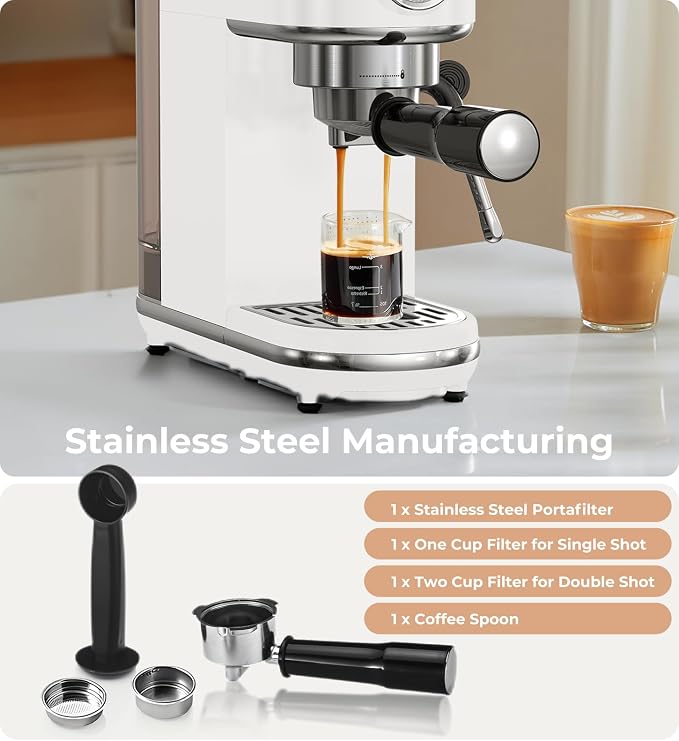 atatix 20 Bar Espresso Machine with Milk Frother, Compact Espresso Maker | Stainless Steel Coffee Machine with Precise Temp Control, 44oz Removable Water Tank for Latte, Cappuccino, White - Image 7