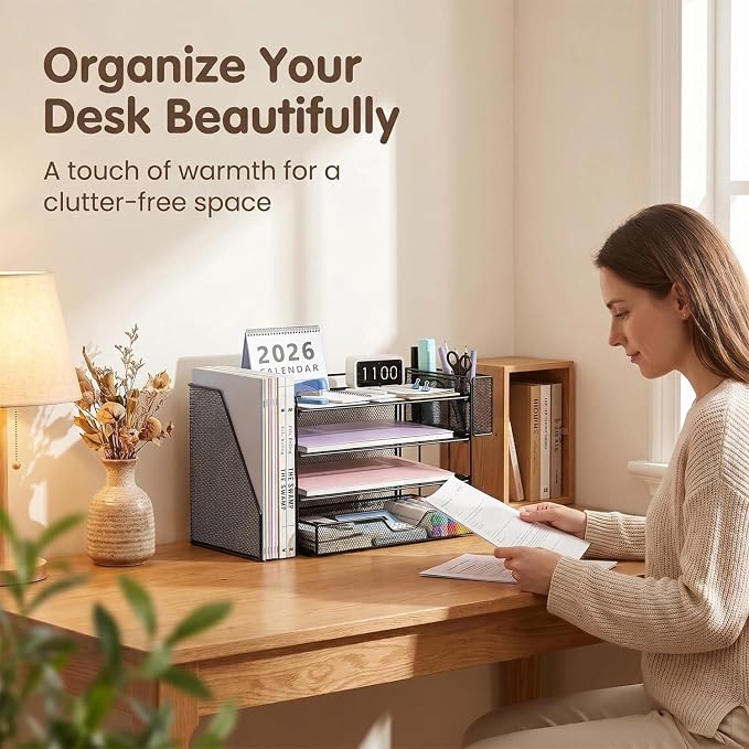 OPNICE Desk Organizers and Accessories, 4-Tier Desktop File Organizer with Drawer and Pen Holders, Office Desk Accessories Workspace Organizers for Office Supplies (Black) - Image 4