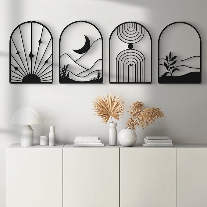 Glamativity 4 Pack Black Abstract Metal Wall Art, Minimalist Décor Single Line Art Wall Décor, 3D Textured Metal Wall Sculptures, for Living Room Bedroom Bathroom Study Room (Black Boho, L Size 22.5 x 15.7'') - Image 4