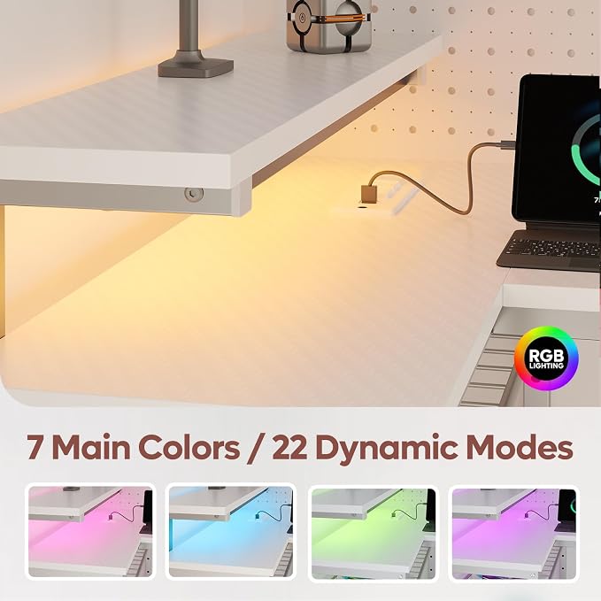 Bestier 42-Inch L-Shaped Computer Desk with Charging & LED, White | Charging 2AC+USB+Type-C, RGB LED 7 Colors/22 Modes, Reversible Storage Shelves, Headphone Hook, Small Space, 42x31.5 in - Image 9