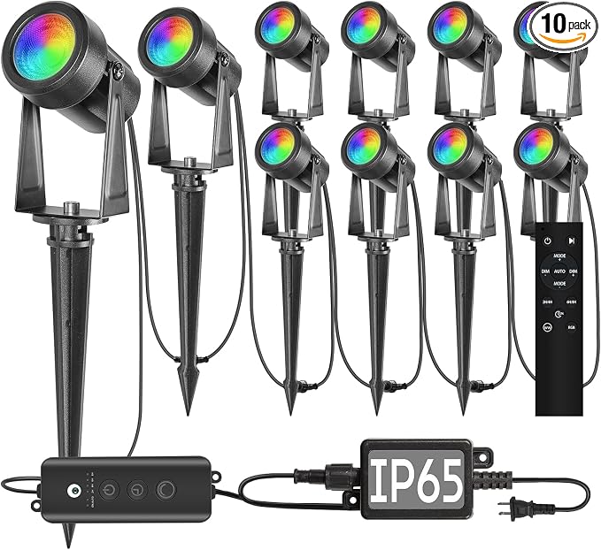 SUNTHIN Outdoor Landscape Lighting with Dusk to Dawn Sensor Controller & Remote, RGBW Color Changing Spot Uplights,10 Pack by SUNTHIN