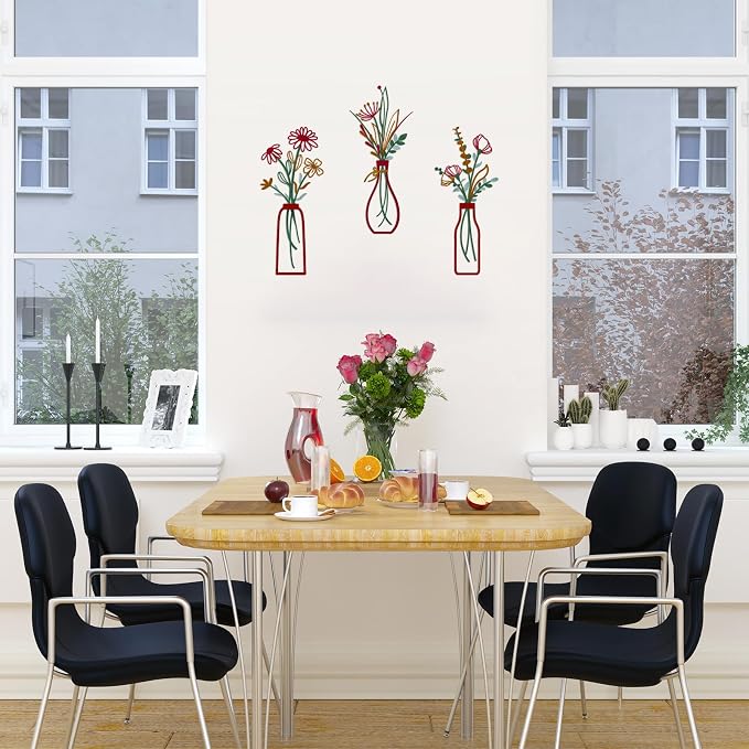 Pigort 3 Pieces Metal Vase Flowers Wall Arts - Rustic Farmhouse Style Décor Metal Wall Art Black Minimalist Flower Natural Themed Wall Decors for Home Bedroom Dining Room Housewarming (Red, Vase-C) - Image 7