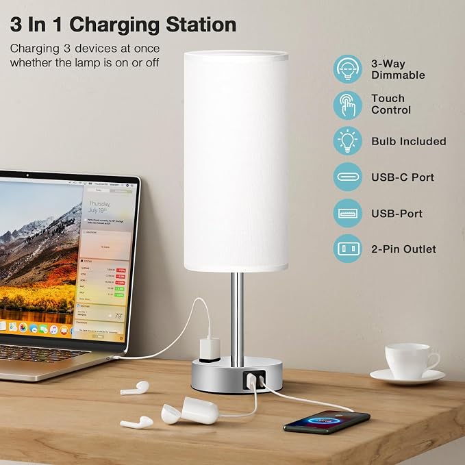 Fenmzee White Touch Bedroom Table Lamp - 3 Way Dimmable Bedside Lamp USB C A Charging Ports and AC Outlet, Small Lamp Nightstand with Silver Base for Living Room, Office Desk, LED Bulb Included - Image 3
