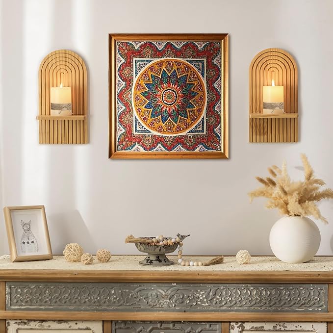 Boho Wall Decor Set of Two: Wood Wall Candle Holder | 3D Arch Design, Natural Minimalist Candle Sconces for Pillar or Plants, for Living Room, Bathroom, Nursery, Bedroom - Image 2