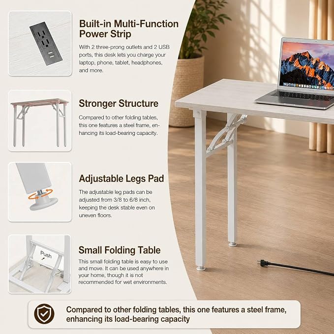 Folding Table Computer Desk - 43.3" No Assembly Folding Desk with Power Outlets & USB Charging Port, Small Desk, Foldable Office Desk, Compact Storage Portable Use for Small Space, White Ash - Image 8