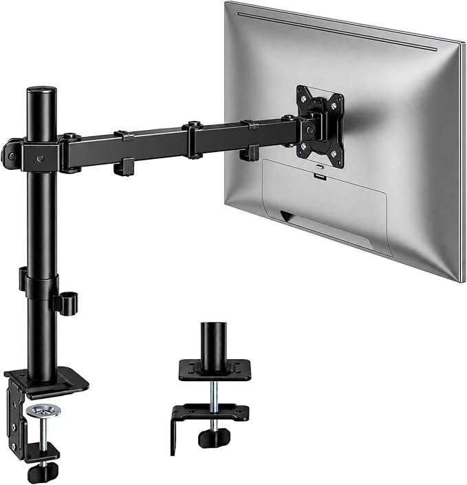 monTEK Extra-Long Monitor Arm for 17-32" Screens, 22 lbs | Articulating desk mount, extended reach, height adjustment, tilt, swivel, clamp/grommet bases and VESA 75/100 by monTEK