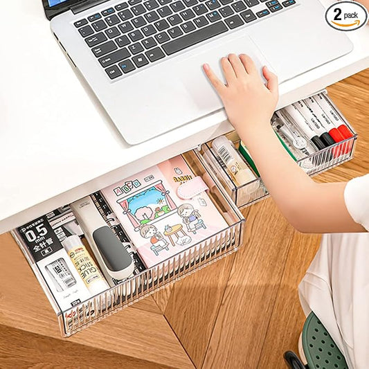 2Pcs Under Desk Storage Drawers Slide Out,Large&Medium,Stick On Drawers,Under Desk Organizer Hidden Under Table Drawer for Home Office School Organization and Storage-Clear White by TooCust