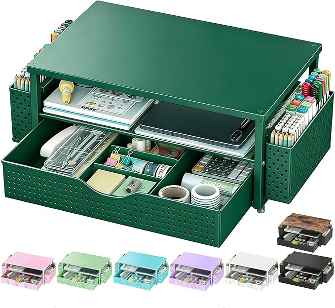Spacrea Desk Organizer and Accessories, Computer Monitor Stand Riser with Drawer and 2 Pen Holders, Office Desk Accessories & Workspace Organizers for Office Supplies (Dark Green) by Spacrea