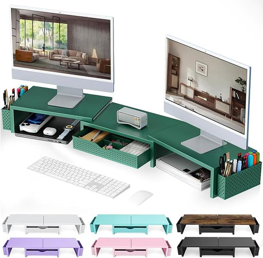 gianotter Dual Monitor Stand Riser, Desk Organizer With Drawer and 2 Pen Holders, Monitor Stand for Desk, Office Decor Essentials (Green) by gianotter