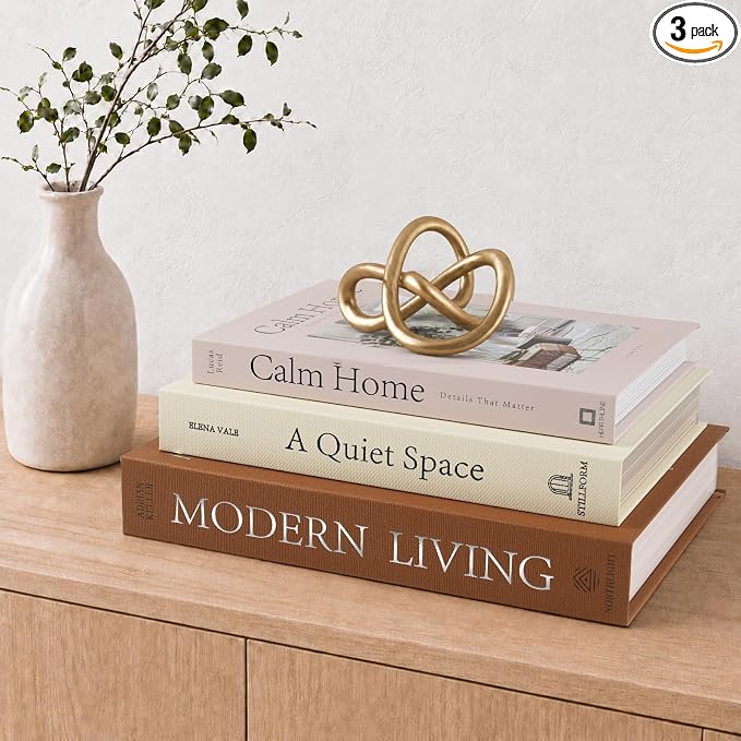 OuMuaMua Decorative Books for Home Decor, Set of 3 Stackable Fake Books for Coffee Table Bookshelf Decor, Modern Aesthetic Decorative Book for Home Living Room Bedroom Office Decoration, Linen Beige by OuMuaMua