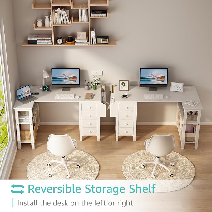 Lufeiya White L Shaped Computer Desk with Drawers & Storage Shelves, 47 Inch Corner Reversible Desk with Power Outlet for Home Office Bedroom, L-Shaped Teen PC Desks with Fabric Drawer, White - Image 4