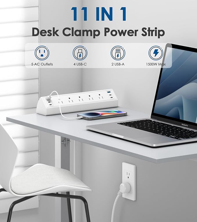 Jgstkcity Desk Clamp Power Strip USB C,Table Surge Protector | 1200J,Total 40W Charging Hub,5 Outlets & 6 USB,6FT Extension Cord,Fits 1.96" Desktop Edge,Office,Gaming,Dorm,White - Image 4
