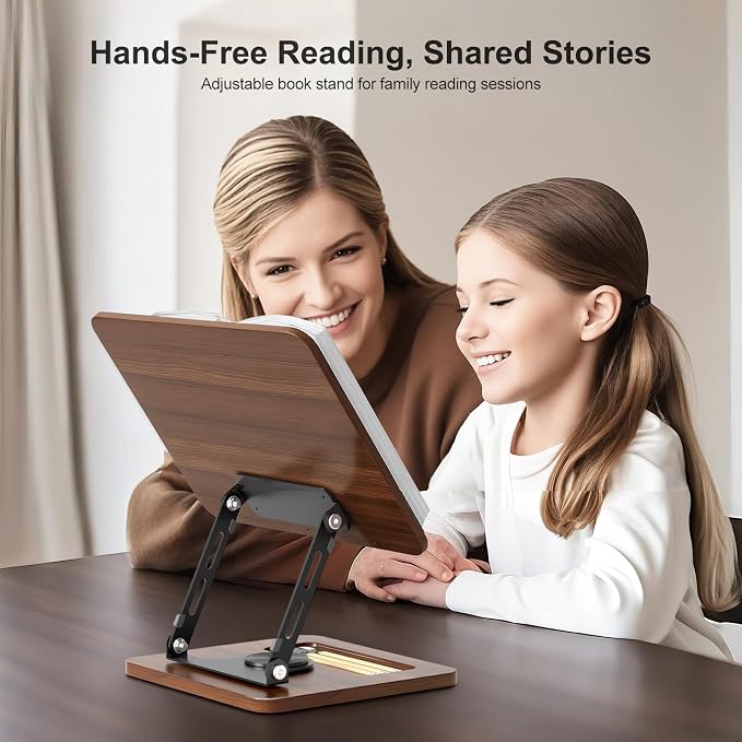 OPTIXCELL Book Stand for Reading, 360° Rotating Book Holder, Page Clips | Hands Free, Built-in Storage Tray, Adjustable Height Angle, Non-Slip, Foldable 13.3x9.4x1.9in, Fits Cookbook Tablet & Laptop - Image 2
