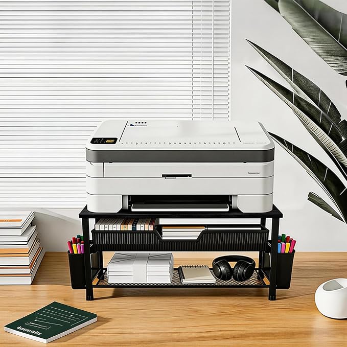 Printer Stand for Desk, Desk Organizer with Storage, Desktop Printer Table for Home Office, Multi-Purpose for Home Printer, Fax Machine, Scanner, Die-Cut Machine (Black) - Image 4