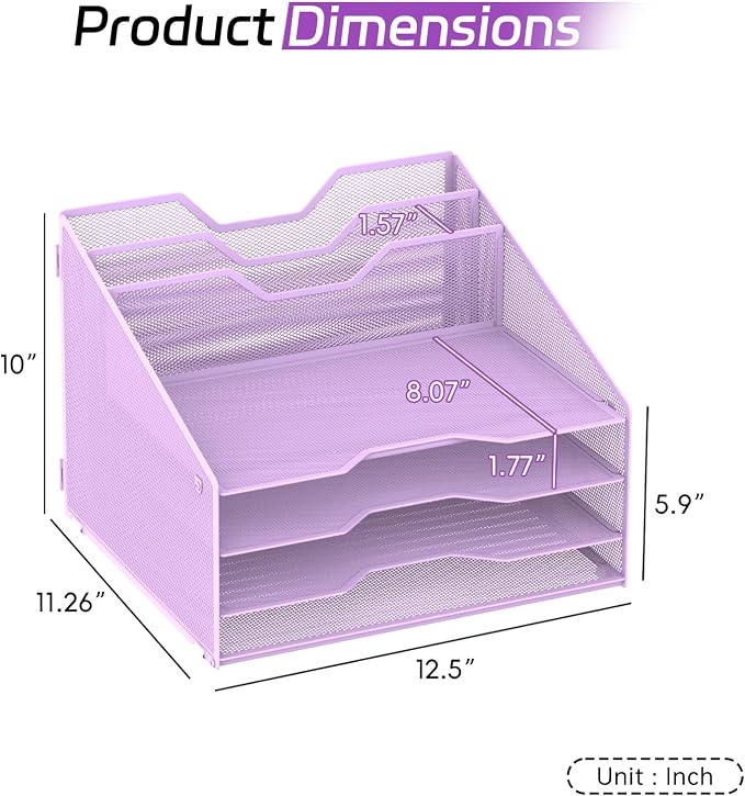 Desk File Organizer, 4 Letter Trays and 2 Upright Sections, Purple | Paper Organizer for Desk with Tiered Letter Trays and Vertical File Holders for Home Office, School and Workspace Use - Image 2