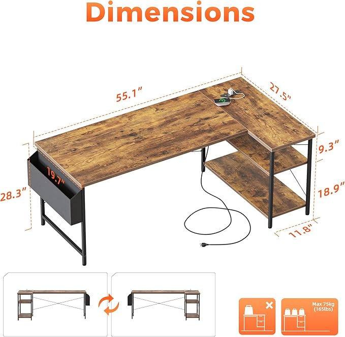 Mericonia 55 inch L Shaped Gaming Desk, Large Corner Desk with Shelves | Reversible Computer Desk with Power Outlets & Storage Bag, Office Table for Home Bedroom Study Work Writing - Image 2