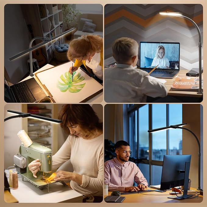 LED Desk Lamp for Home Office, 24W Computer Desk Light with Remote Control, Bright Table Lamp with Clamp Dimmable Tall Desktop Lighting with Bendable Gooseneck, Double Head, Black - Image 8