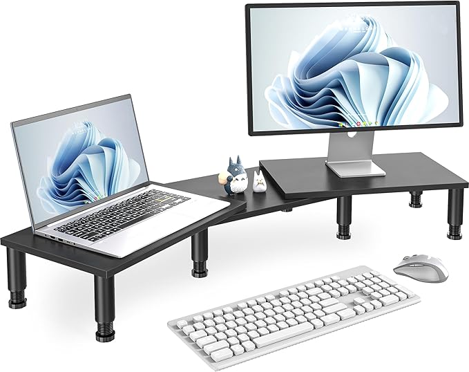 AX WABER Dual Monitor Stand Riser, Monitor Stand with Adjustable Height Steel leg, Wood Monitor Stand for Desk, Monitor Riser for 2 Monitors with Storage Space Black by 1