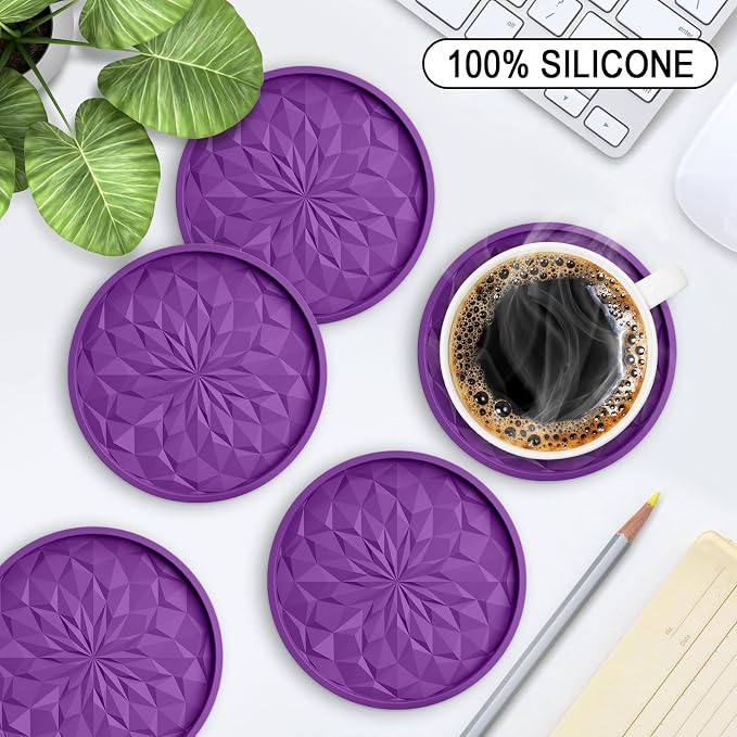 ME.FAN Silicone Coasters with Holder,[6 Pack] Drinking Coasters - Cup Mat for Hot or Cold Drinks, Thickened, Non-Slip, Non-Stick,Deep Tray Dark Purple - Image 2