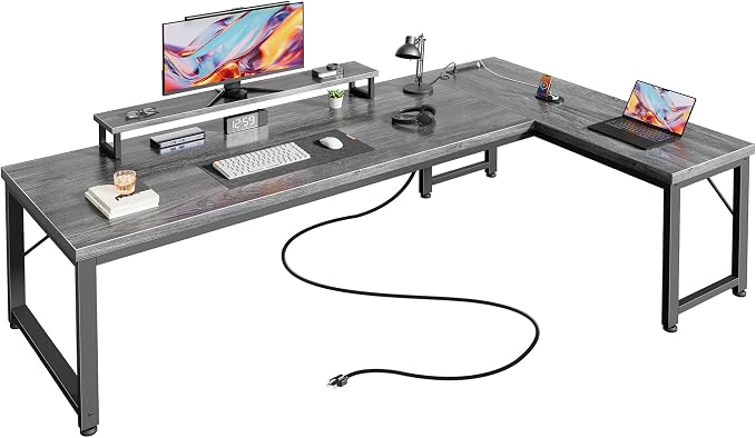 PRAISUN 61" L Shaped Computer Desk, Power Outlets, Monitor Stand, Grey | USB-C Ports, Reversible Charging Station, Spacious Desktop & Legroom, 0.94 Inch Thick Desktop, for Gaming, Study & Work by PRAISUN