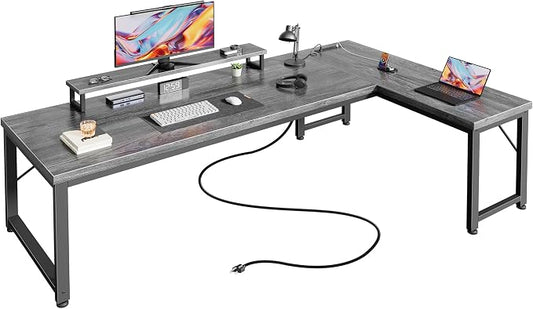 PRAISUN 61" L Shaped Computer Desk, Power Outlets, Monitor Stand, Grey | USB-C Ports, Reversible Charging Station, Spacious Desktop & Legroom, 0.94 Inch Thick Desktop, for Gaming, Study & Work by PRAISUN